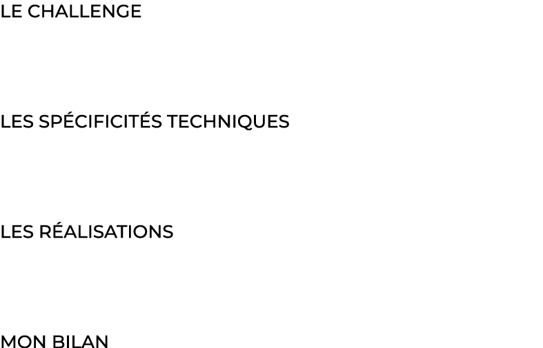 Le challenge Les spécificités techniques Les réalisations Mon bilan
